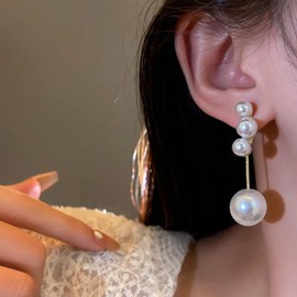 Cimenexe Bohemian Pearl Ear Jacket Earrings Gold Pearl Jacket Stud Earrings Round Pearl Tassel Dangle Earrings Pearl Front Back Earrings Jewellery For Women, Zinc, No Gemstone