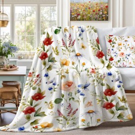 yuboo Floral Throw Blanket - Spring Colorful Flower Blanket, Soft Lightweight Fluffy Blanket for Sofa,Couch,Bed, Vintage French Country Throw Home Decor, 50 x 60 Inch
