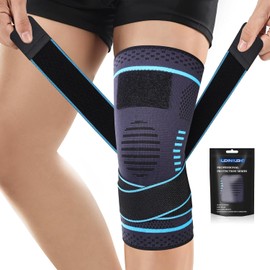 Lexniush Knee Support for Men/Women, Compression Knee Support with Adjustable for Arthritis, Meniscus Tear, ACL, Knee Pain, Knee Braces, Right / Left Bandage Knee for Running, Sports, Grey Blue, XL