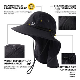 TOP-EX Waterproof Sun Hat Men's Wide Brim Sun Protection Outdoor Trekking Hat with Neck Protection Safari Summer Foldable Black M/L