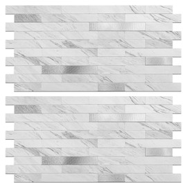 Peel and Stick Backsplash Tile - Waterproof, Removable PVC Wall Sticker - 3D Faux Stone/Marble/Brick White Accent Panels for Renters - Ceramic Shower, Stove & Countertop Protection 20 Tiles，9 sq. ft