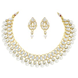 Aheli Fancy Party Wear Pearl Drop Kundan Necklace and Earrings Set Indian Wedding Jewelry for Women Girls