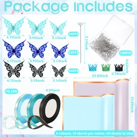 Qilery 243 Pcs Flower Bouquet Wrapping Paper Waterproof Floral Wrapping Paper Florist Supplies with Butterfly Decoration Crowns Ribbons Bouquet Pin Glue for DIY Craft (Fresh Color)