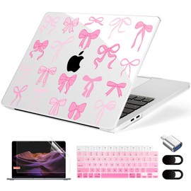 MecBevia Compatible with MacBook Air 13.6 inch Case, M4 A3240/M3 A3113/M2 A2681 (Released 2025 to 2022), Hard Shell, Keyboard Cover, Screen Protector, Webcam Cover & Type-C Adapter, Pink Bows