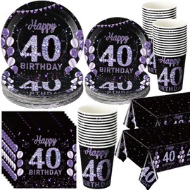 Pickmesh 202 Pcs 40th Birthday Party Decorations Supplies for 50 Guests Include Purple and Black Happy Birthday Paper Plates Napkins Cups and Plastic Tablecloth Disposable Tableware for Men Woman