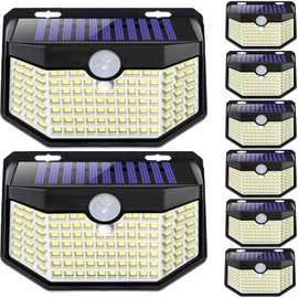 HMCITY 120 LED Outdoor Solar Lights with Motion Sensor and 3 Lighting Modes, IP65 Waterproof Wide Solar Wall Lights Ideal for Garden Patio Yard (Front Button 8Packs, Black Shell-Daylight White)