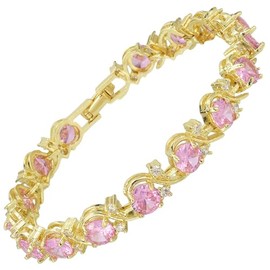 RIZILIA BLOSSOM Tennis Bracelet & Round Cut CZ [Simulated Pink Sapphire] in 14K Yellow Gold Plated, 7 inch