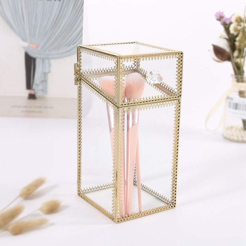 L-Lei Makeup Brush Holder with Lid,Clear Glass Makeup Brush Organizer