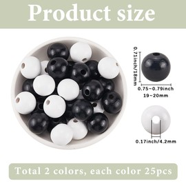 SOFPLATE Pack of 50 Black Wooden Beads 20 mm Round Wooden Beads Loose White Natural Smooth Lacquered Loose Spacers for Bead Jewellery Making Bracelets Necklaces Farmhouse Garland Christmas Tree Urla