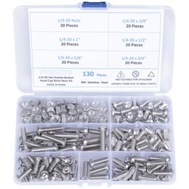 Nuts and Bolts Assortment Kit 1/4-20 Button Head Socket Cap Screws Bolts Nuts 304 Stainless Steel Machine Screw Assortment Kit, Length 3/8" to 1", Full Thread, Allen Hex Drive 130Pcs