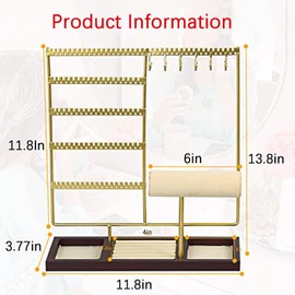HINIHAO Earring Holder,Jewelry Organizer Stand Necklace Holder, 5-Tier Jewelry Tower Rack 108 Holes, 12 Hooks Necklaces Hanging, for Bracelets Earrings Rings Watches (Gold)