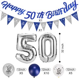 Afirbeone 50th Birthday Decorations for Men Women Navy Blue and Silver, Happy 50th Birthday Banner, Triangle Flag Banner, Confetti Latex Balloons and Aluminum Foil Balloons, for Birthday Party