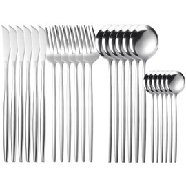Ausein Juego de Cubiertos de 24 Piezas, Cubiertos de Acero Inoxidable para 6 Personas Incluye Cuchillos, Tenedores y Cucharas, Set de Cubiertos para Cocina, Restaurante,Aptas para Lavavajillas(Plata)