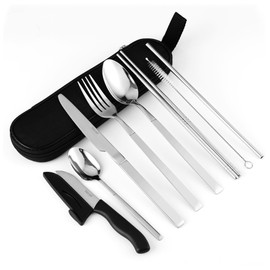 Travel Utensils with Case, hecef 9 Pieces Camping Cutlery Set with Compact Carrying Case, Reusable 18/0 Stainless Steel Silverware Set, Portable Flatware Set for Work, School Camping and Travel Silver