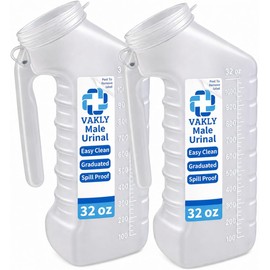Vakly Male Urinal with Glow in The Dark Cover [2 Pack 32oz] Portable Urine Pee Bottles with Handle & Leak-Proof Lid for Men - Used in Hospitals & Home for Incontinence, Emergency, Travel and Camping