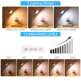 Desk Lamp Clip On Lamp Dimmable Eye-Caring 3 Color Modes 10 Brightness Levels Table Lamp Flexible Gooseneck Lamp Desk Light for Home Office Craft Computer, Video Call, Nightstand Reading 10W (White)