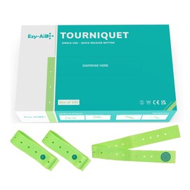 100pk Ezy-Aid Disposable Tourniquet with Button, quick release for safe one hand removal, smooth material, non-toxic, stretchable and strong