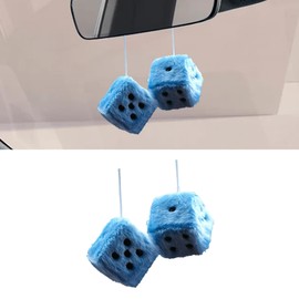 Couslcd Pair Fuzzy Plush Dice for Car Mirror, 2.75'' Retro Square Car Mirror Hanging, Universal Auto Rearview Mirror Ornament, Couple Pendant Charms, Car Accessories for Women (Blue)