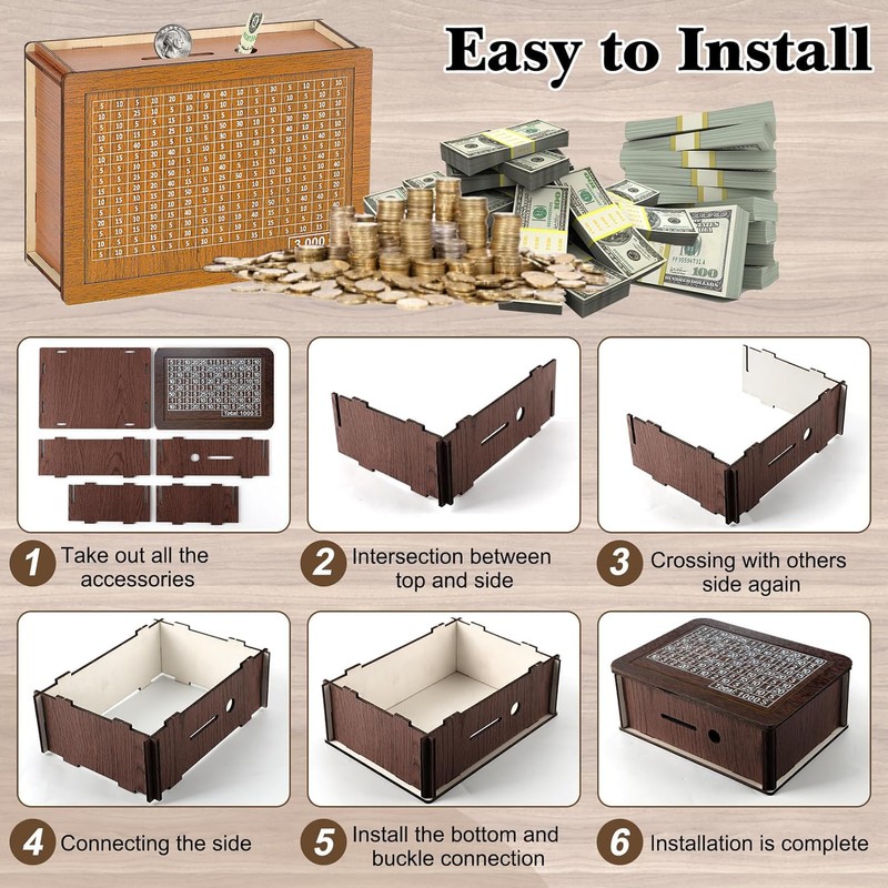 Wooden Money Box, Money Box with Numbers Checks, Money Box