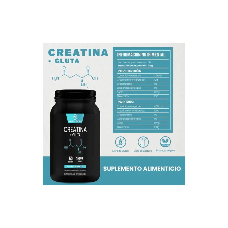 Creatina + Glutamina Suplemento Polvo Muscle Life 1kg 50serv