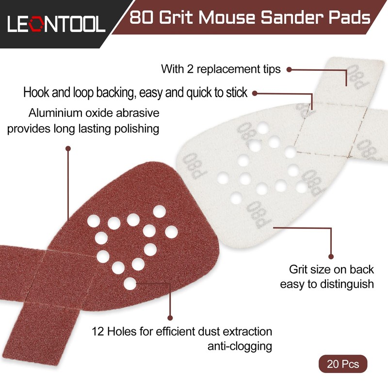 LEONTOOL 20 Pcs Mouse Sander Sandpaper 80 Grit 12 Hole