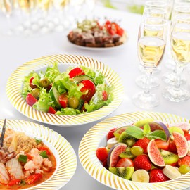 MATANA 20 White Plastic Bowls with Gold Rim, Soup Plates, Soup Bowls, Soup Bowls for Birthdays, Weddings & Parties, 350 ml - Reusable & Stable