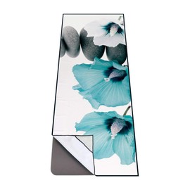 QiyI Large Yoga Mat Towel with Corner Pockets, Non Slip Sweat Absorbent Hot Yoga Towels, Soft Yoga Blankets Skidless Mat Cover for Workout, Gym, Fitness - 74"x26", Pebbles & Blue White Flowers