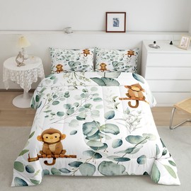 Erosebridal Boys Cartoon Animal Twin Comforter Set for Kids Toddler Kawaii Monkey Bedding Set Twin, Spring Plant Bedding Comforter Sets Woodland Wildlife Duvet Set, Green Eucalyptus Quilted Comforter