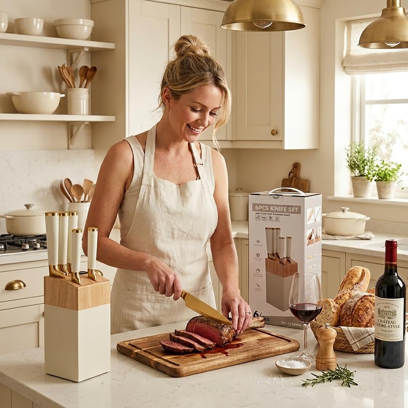 7Pcs Gold White Kitchen Knife Set with Acacia Wooden Block