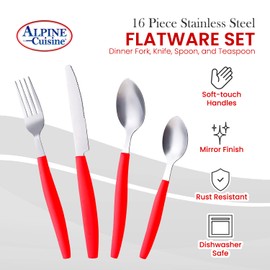 ALPINE CUISINE Flatware Set 16 Piece Service for 4, Stainless Steel Flatware Cutlery Set Includes Dinner Knives/Forks/Spoons - Great for Camping or College Dorms - Dishwasher Safe - Red