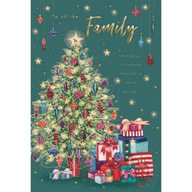 To All the Family Christmas Card - Decorative Christmas Tree - Artistic Festive Design - Special Finishes and Illustrated Insert Leaf - Made in the UK - Eco-Friendly