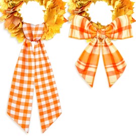 WATINC Autumn Orange Wreath Sash - 2pcs Fall Buffalo Check Wreaths DIY Bow for Front Door Decoration, Thanksgiving Harvest Satin Sash Accessories for Home Yard Doorway Wall Window Decor (56'' x 4.5'')