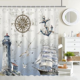 Mocsicka Nautical Sailboat Shower Curtain Lighthouse Compass Anchor Bathroom Shower Curtain Nautical Coastal Waterproof Fabric Shower Curtain Bathtub Decor with 12 Hooks 72 X 72 Inch