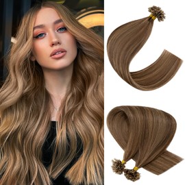 SLEEKALON U Tip Hair Extensions Real Human Hair Pre Bonded Hair Extensions Keratin U Tip Hot Fusion Hair Extensions Highlight Medium Brown and Dark Blonde U Tips Hair, 16 Inch 100 Strands 50g #4P27