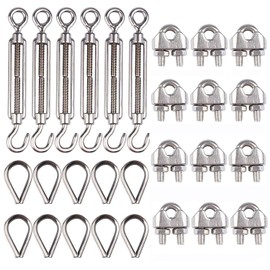 LAUQEE 6-Pcs Turnbuckle Tension Wire Rope with Eye&Hook (M6), 12-Pcs 1/8 Inch Wire Rope Cable Clip Clamp (M3), 10-Pcs Thimble (M3), Stainless Steel Kit