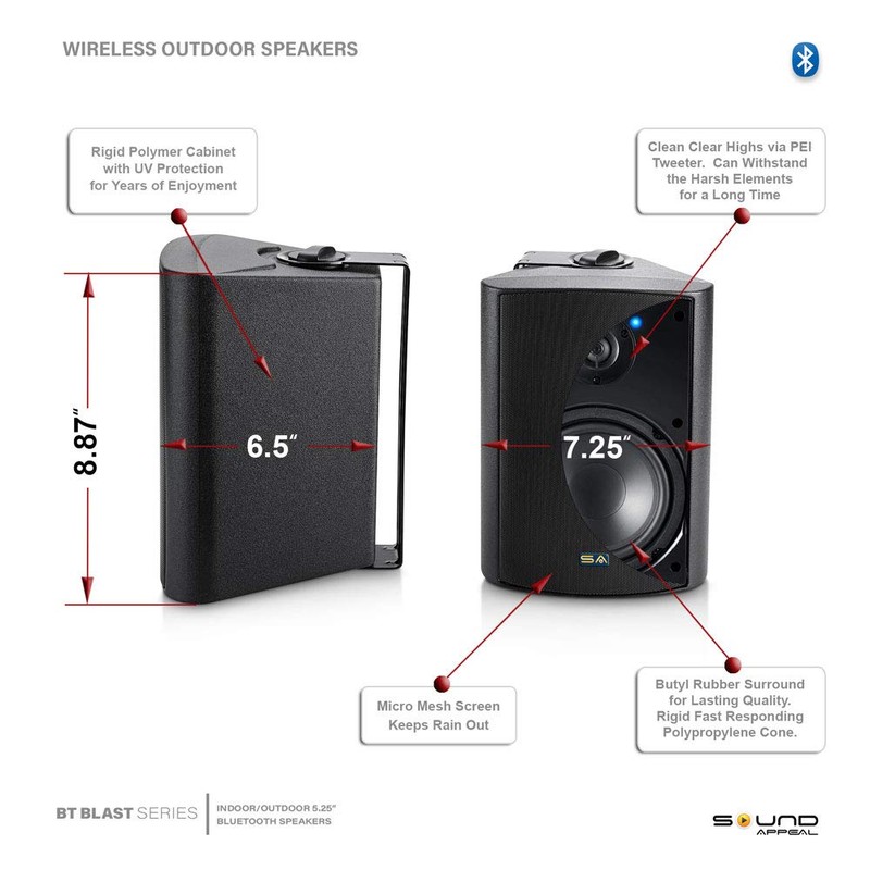 Outdoor Bluetooth Speakers, 5.25" Bluetooth Weatherproof Speakers for Deck Patio