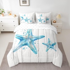 Feelyou Blue Starfish Beach 7 Pieces Bedding Set Coastal Beach Ocean Queen Comforter Set with Sheets for Boys Girls Kids Ocean Marine Bed in a Bag Nautical Sea Creatures Bed Set Hawaiian Sealife