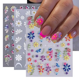Flower Nail Art Stickers 5D Embossed Self Adhesive Nail Decals Color Flowers Nail Design White Floral Nail Stickers Designer Nail Art Supplies for Women Manicure Decorations Accessories Craft, 3Sheets