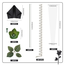 CNYMANY 191 pcs Premade Satin Ribbon Rose Petals Set, Artificial Black Rose Petals Half-Finished with Green Stems, Leaves, Ribbon, DIY Flower Bouquet for Wedding, Proposal Party, Anniversary