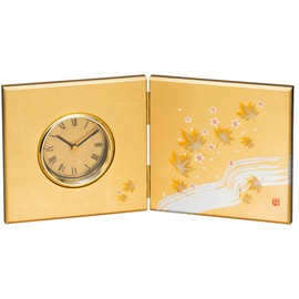 Nakatani Brothers Shokai Yamanaka Lacquerware Folding Screen Clock (Medium), Gold and Silver Foil Kasumi Hana 33-4208