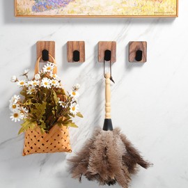 DELITON Towel Hooks for Bathrooms, 4 Pack Adhesive Wood Hooks for Hanging Robes, Towels, Coat, Key, Decorative Wall Utility Hook Heavy Duty