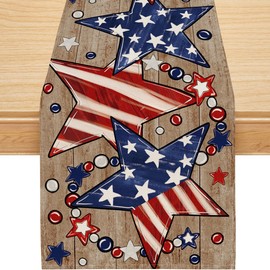 4th of July Table Runner, Wood Stars Patriotic Runner Memorial Day Kitchen Dining Table Decoration for Home Party Decor 13x72 Inch