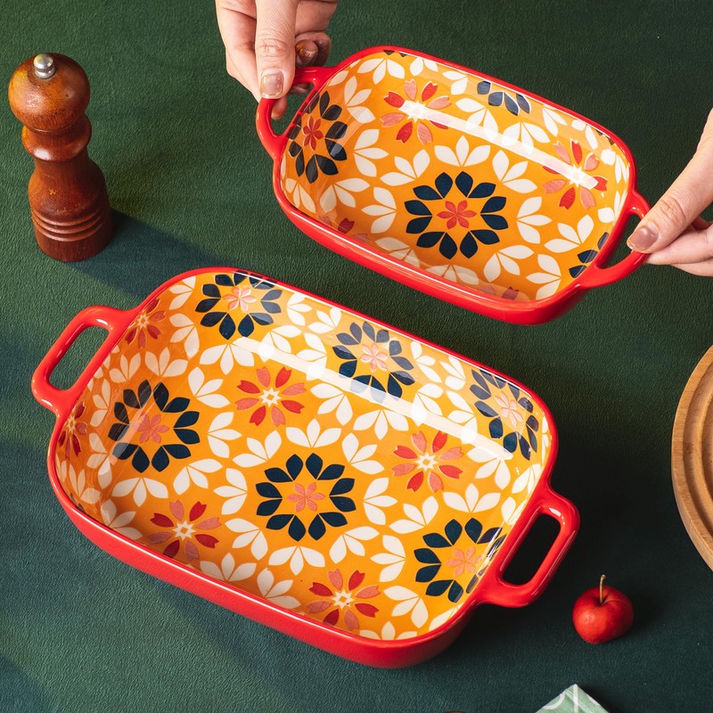 ONCCI Ceramic Baking Dish Set, 2-Piece Hand-painted Porcelain Rectangular Bakware