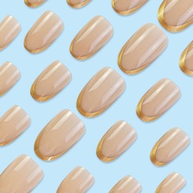 Press on Nails Short Oval Fake Nails Golden French Tip Nails Press ons Glossy Glue on Nails Nude Acrylic Nails Daily Wear Simple False Nails Fall Stick on Nails for Women 24Pcs