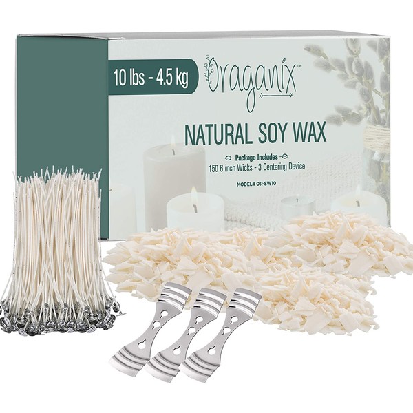 Oraganix DIY Candle Making Kit and Candle Making Supplies - Soy Wax for Candle Making - 10lbs Soy Candle Wax - 150 6-Inch Pre-Waxed Candle Wicks - 3 Metal Centering Devices - Bulk Flakes Soy Wax 10 lb