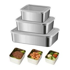 HASTHIP Juego de 3 Contenedores para Alimentos de Acero Inoxidable con Tapas Herméticas, Recipientes de Cocina para Refrigerador y Horno,...          
