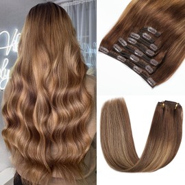 Clip in Hair Extensions Real Human Hair Rimoss 180g Premium 24 Inch 7pcs Ombre Chocolate Brown to Caramel Blonde Balayage Remy Human Hair Clip ins Extensions Straight for Women (24 Inch)