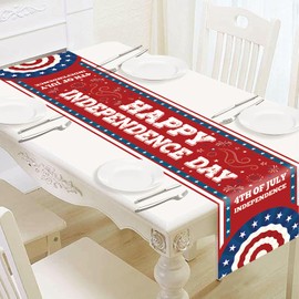 4th of July Table Runner Decorations - 71x13.8 Inch Linen Patriotic Table Runner for Fourth of July, Independence Day, Memorial Day, USA Flag Stars Pattern Table Cover for Home Party Decoration