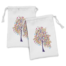 Lunarable Tree of Life Fabric Pouch Set of 2, Abstract Ornate Spring Season Flowers and Butterflies Happy Branches Print, Small Drawstring Bag for Toiletries Masks and Favors, 9" x 6", Multicolor
