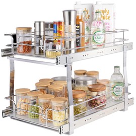 2 Tier 12.7"Wx21"Dx3.2"H Pull Out Cabinet Organizer, Heavy Duty Slide Out Pantry Shelves, Steel Roll Out Drawers, Sliding Drawer Storage for Home, 15.5"Wx22.5"Dx19"H Install Size for Cabinet